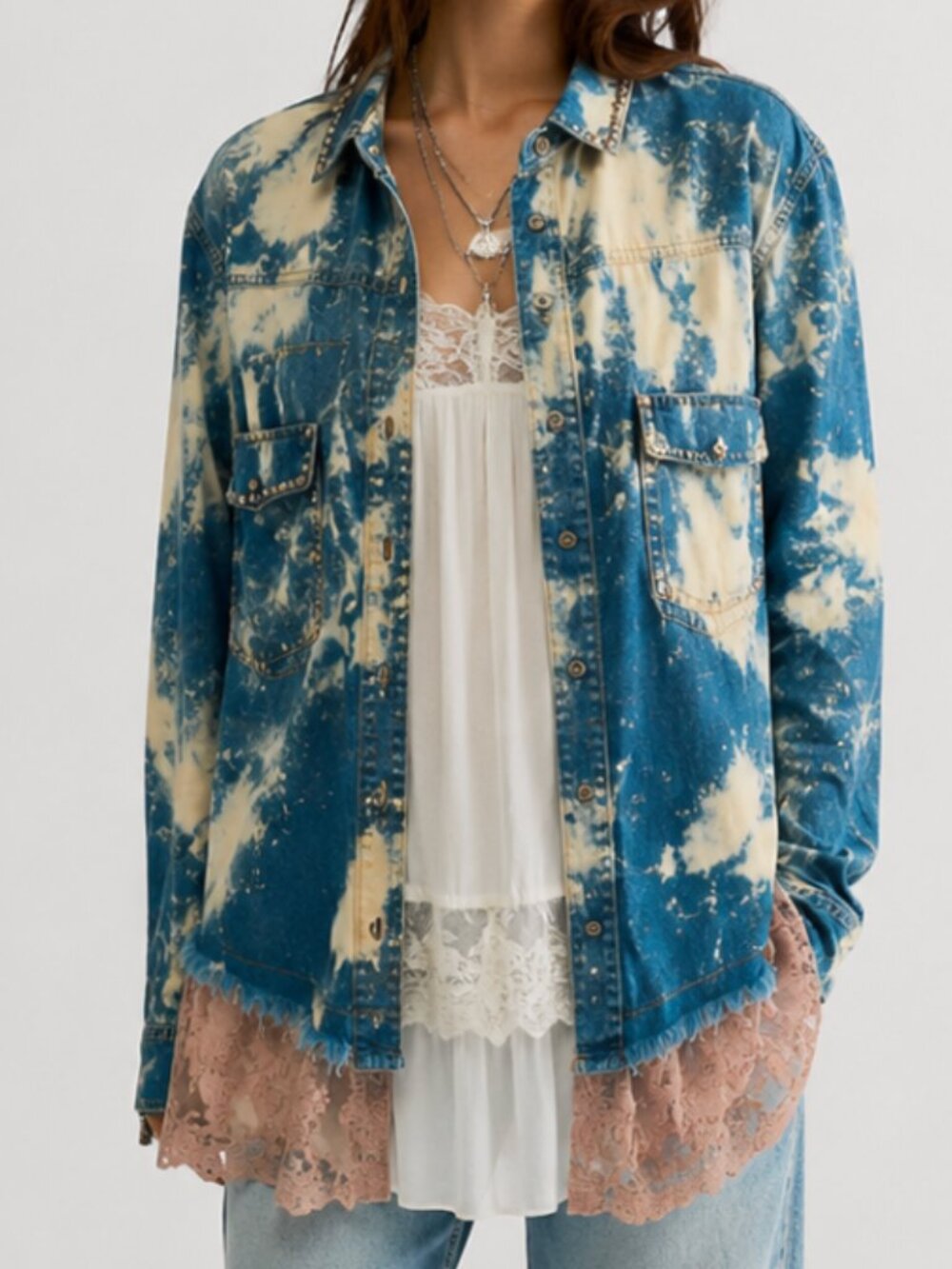 A RARE BIRD BLEACH OUT PATCH BACK RHINESTONE TRIM DENIM SHIRT - Picture 5 of 12